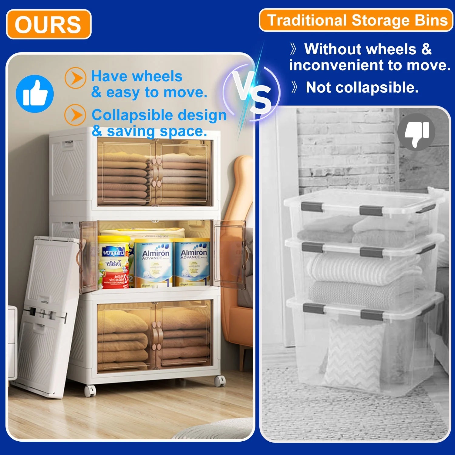 Collapsible Plastic Storage Bins Organizer with Lids, 2/3/4/5 Tier Foldable Storage Container with Door,Folding Storage Boxes for Kitchen Bedroom Living Room Study Office