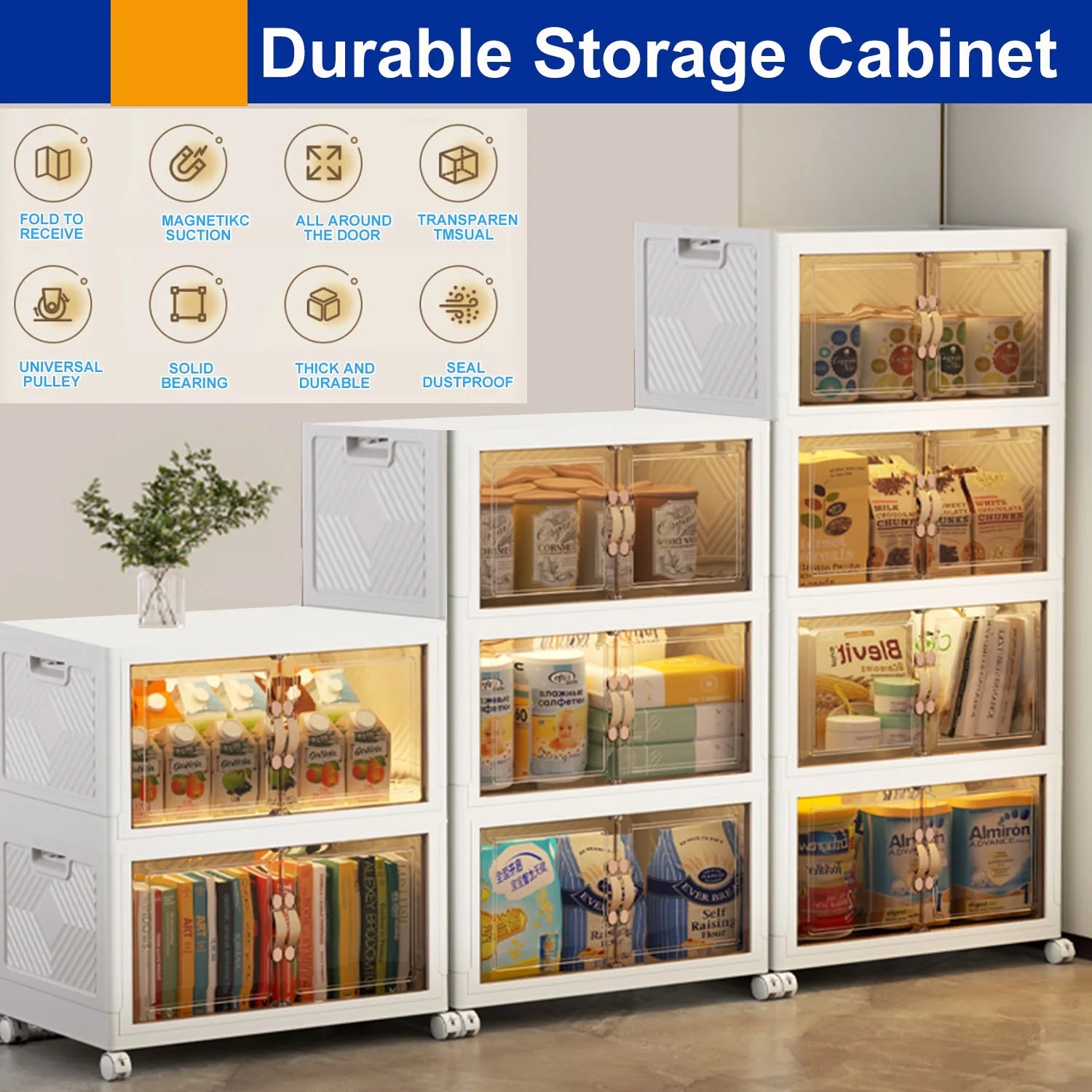 Collapsible Plastic Storage Bins Organizer with Lids, 2/3/4/5 Tier Foldable Storage Container with Door,Folding Storage Boxes for Kitchen Bedroom Living Room Study Office