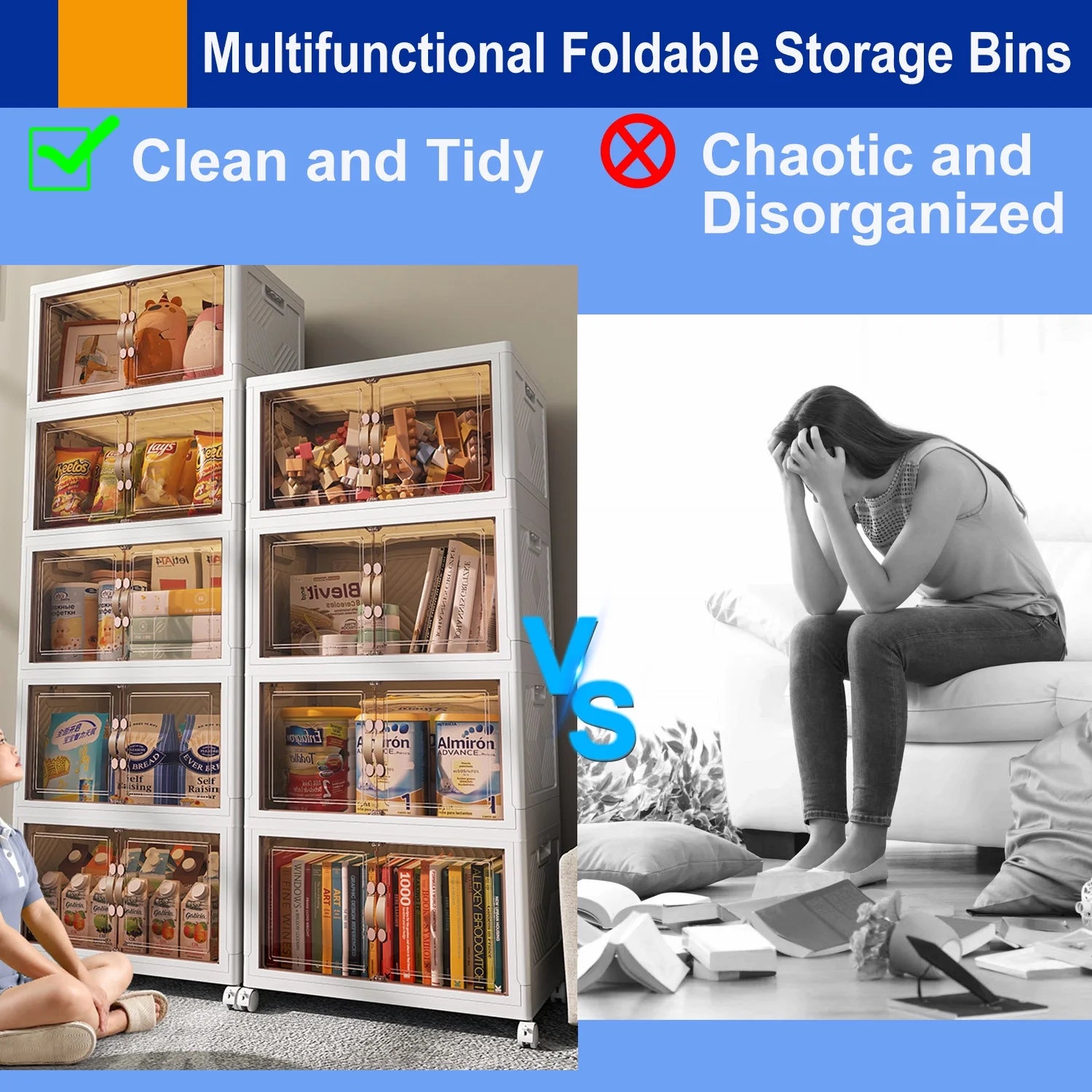 Collapsible Plastic Storage Bins Organizer with Lids, 2/3/4/5 Tier Foldable Storage Container with Door,Folding Storage Boxes for Kitchen Bedroom Living Room Study Office