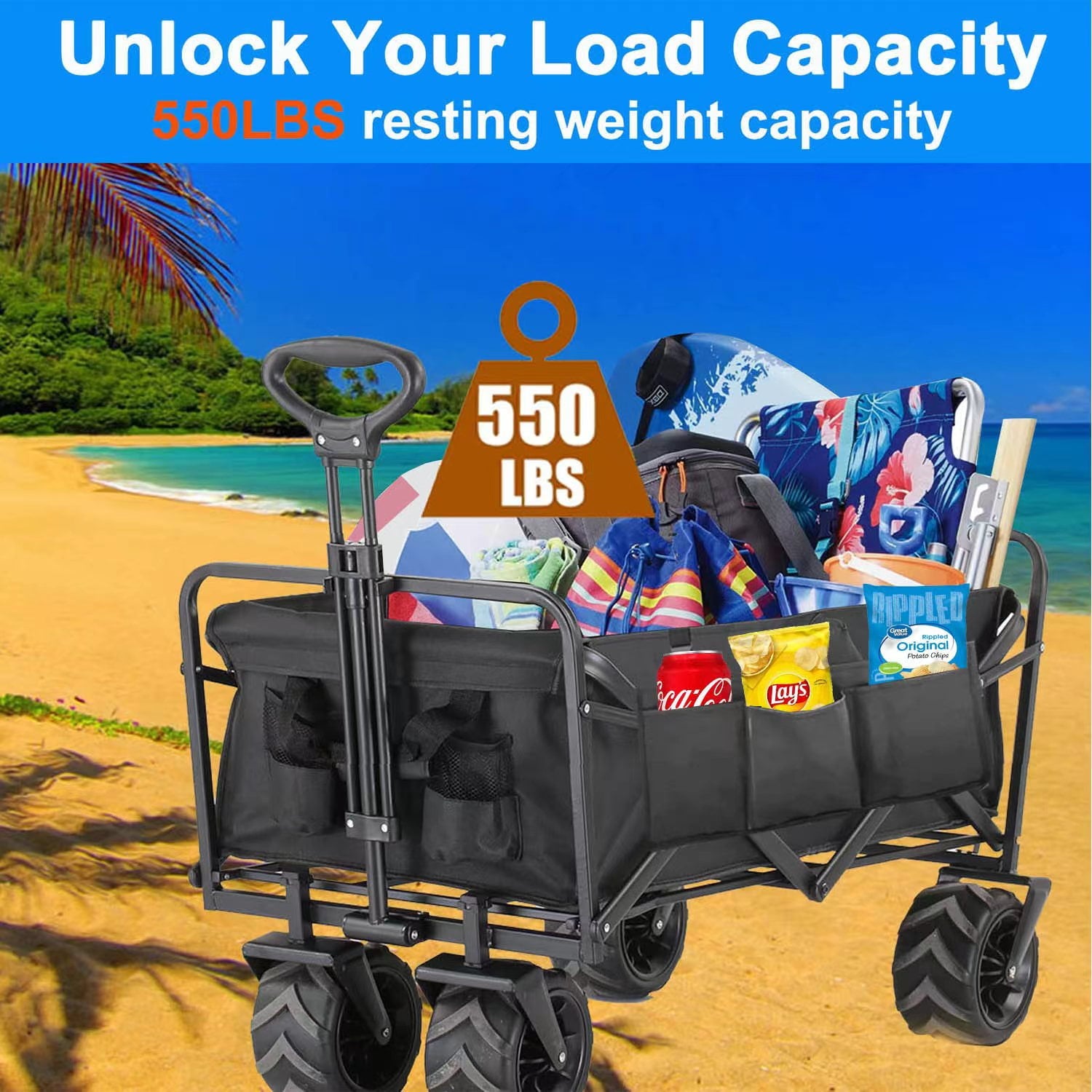 Collapsible Foldable Wagon Cart,350lbs Large Capacity Folding Wagon Cart with All-Terrain Wheels,Utility Cart with Side Pocket and Brakes for Grocery ,Garden,Shopping, Camping, Outdoor, Beach